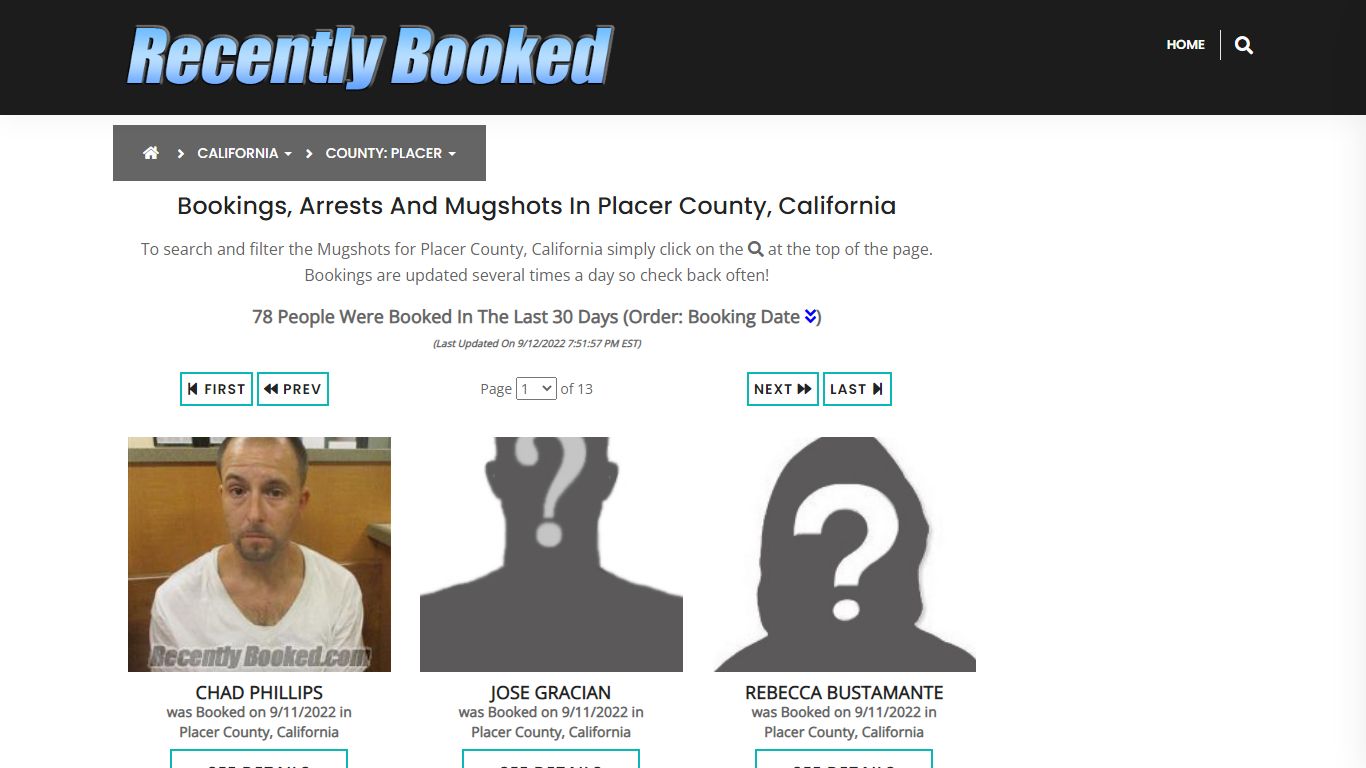 Bookings, Arrests and Mugshots in Placer County, California