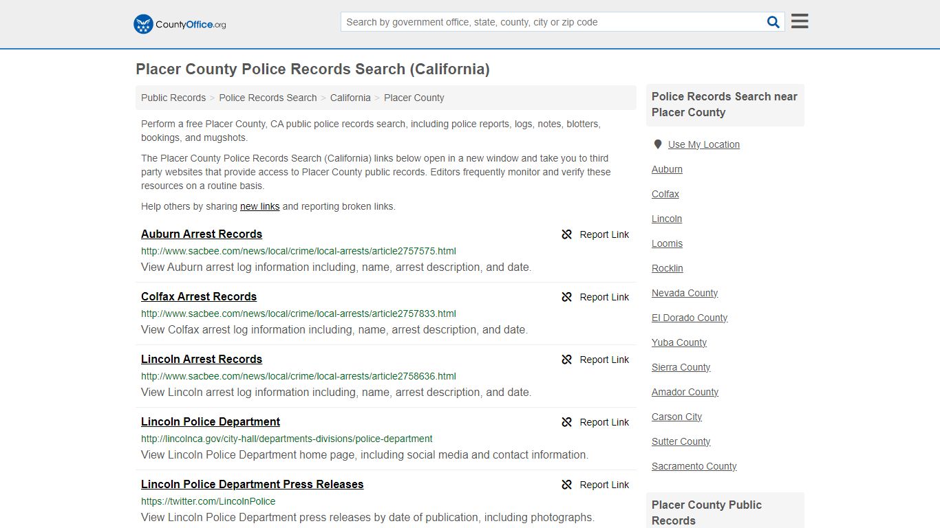 Placer County Police Records Search (California) - County Office